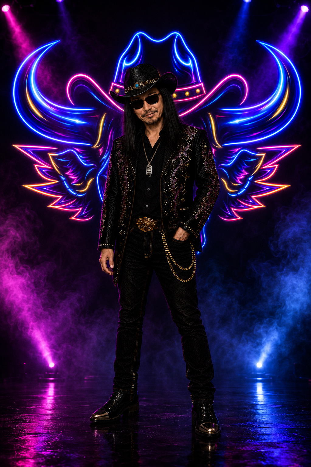 D-Lux Desperado in his black rhinestone western suit with neon bull, smoke and stage lights